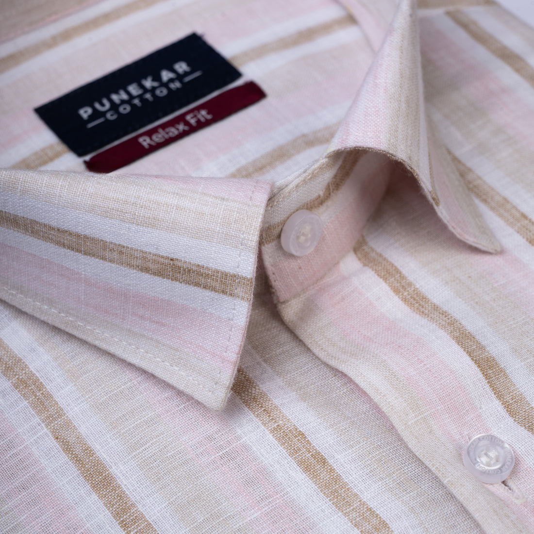 Beige & Pink Colour Vertical Cotton Blend Striped Shirt For Men