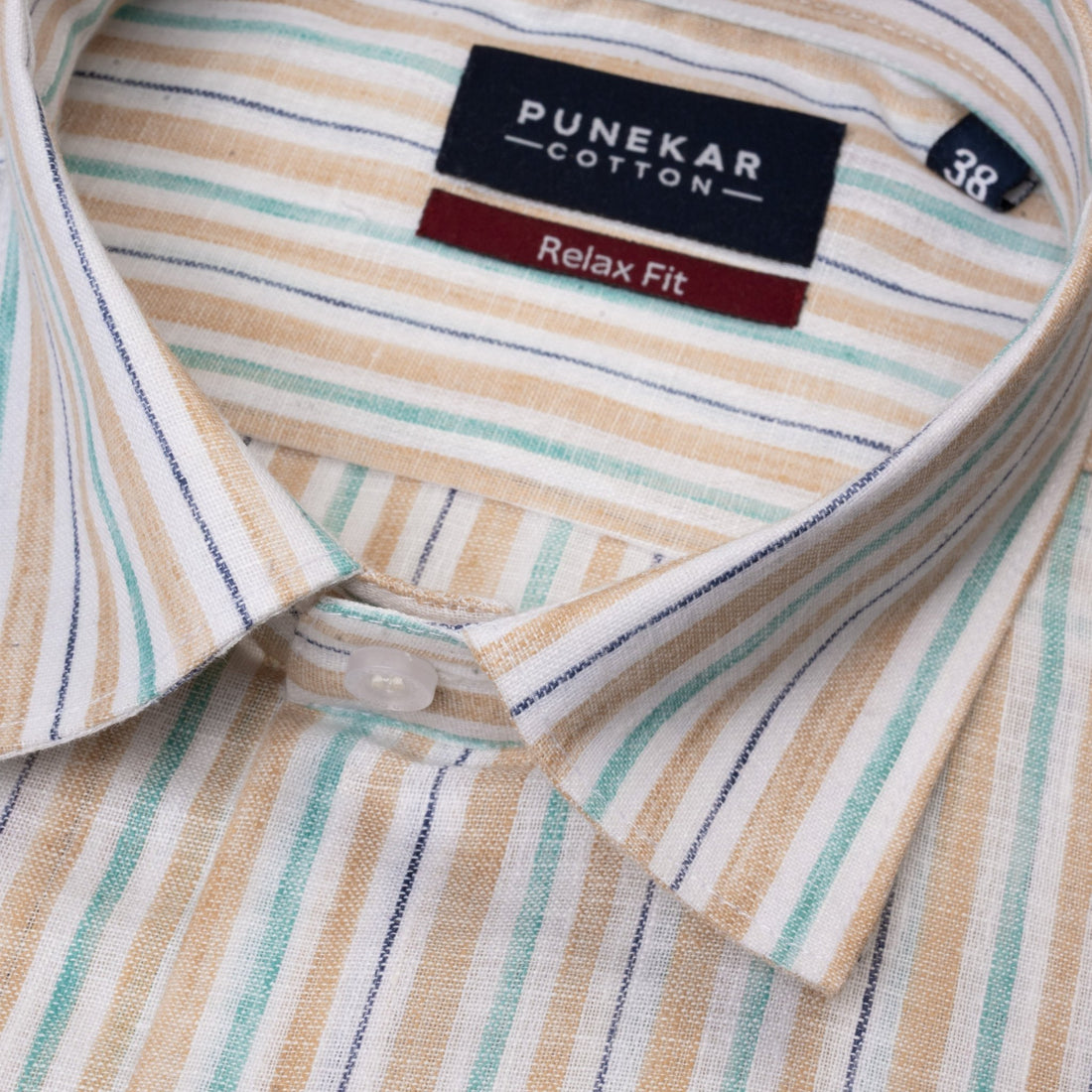 Beige & Aqua Striped Blend Cotton Shirt for Men - Punekar Cotton