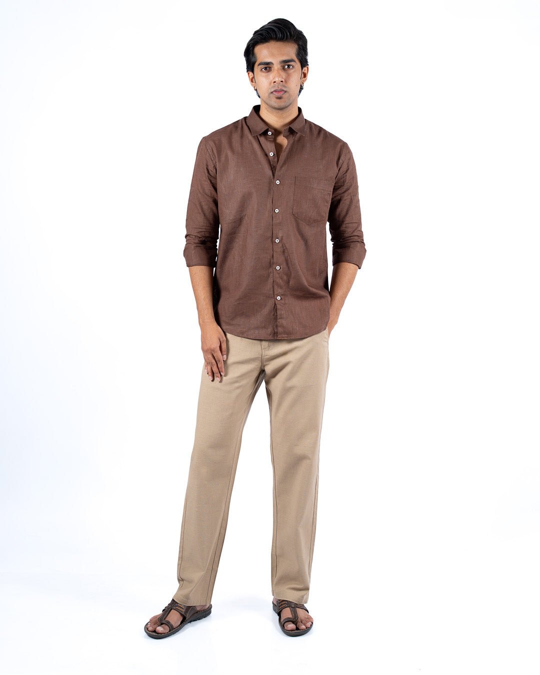 Dark Beige Everyday Cotton Linen Straight-Fit Pants for Men - Punekar Cotton