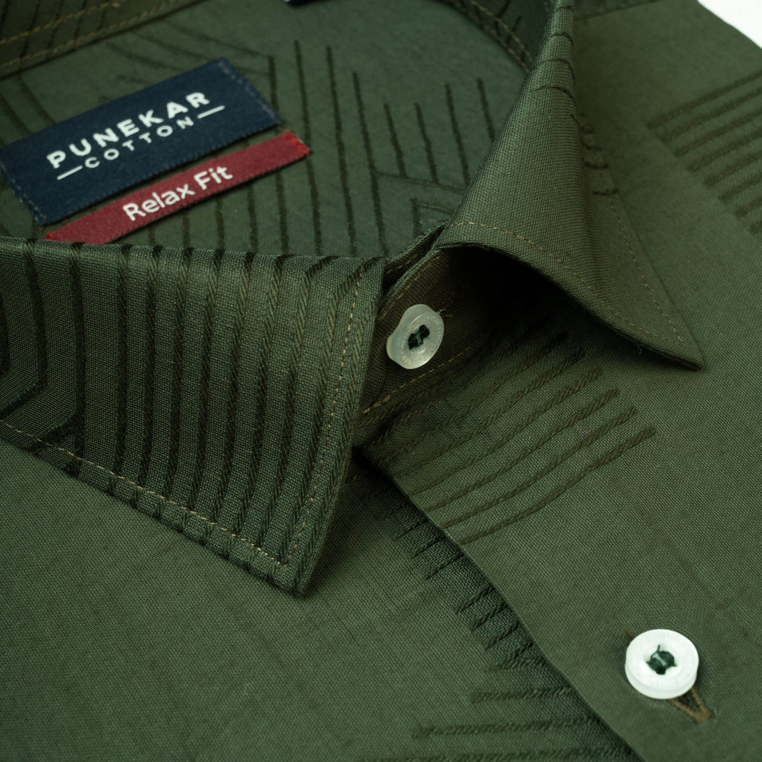Deep Green Colour Textured Stripe Jacquard Shirt for Men - Punekar Cotton