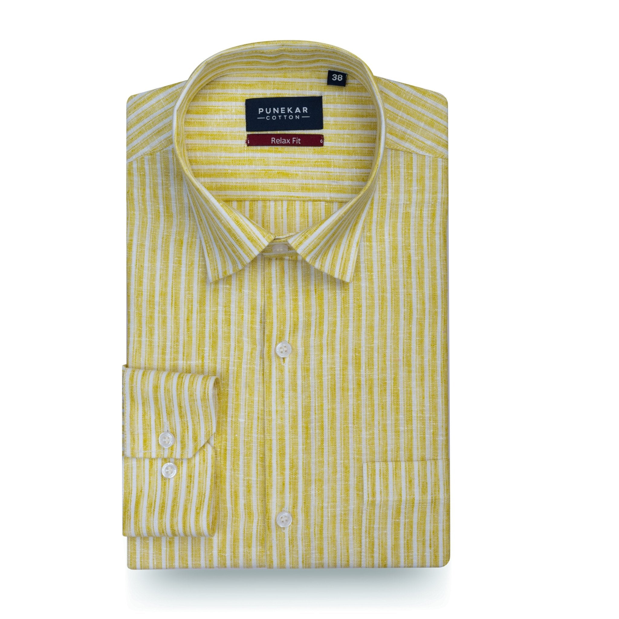 Mustard Yellow & White Striped Blend Cotton Shirt for Men - Punekar Cotton
