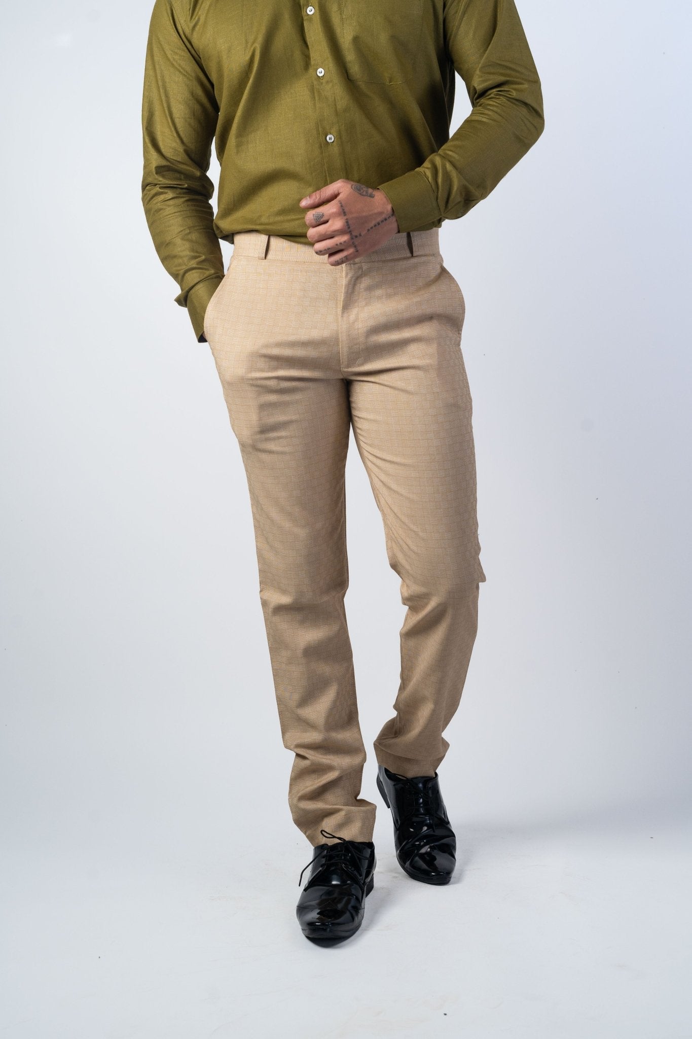Beige Color Checks Texture Formal Cotton Pant for Men - Punekar Cotton