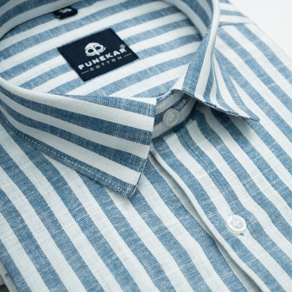 Ash Blue Vertical Stripes Cotton Linen Shirt for Men - Punekar Cotton