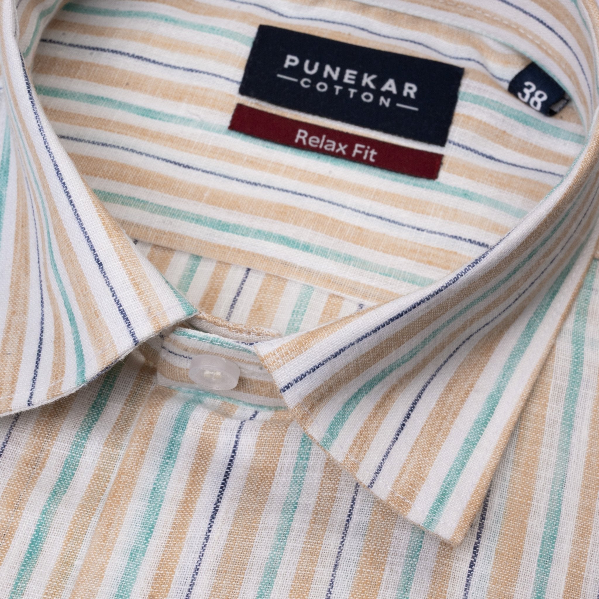 Beige &amp; Aqua Striped Blend Cotton Shirt for Men - Punekar Cotton