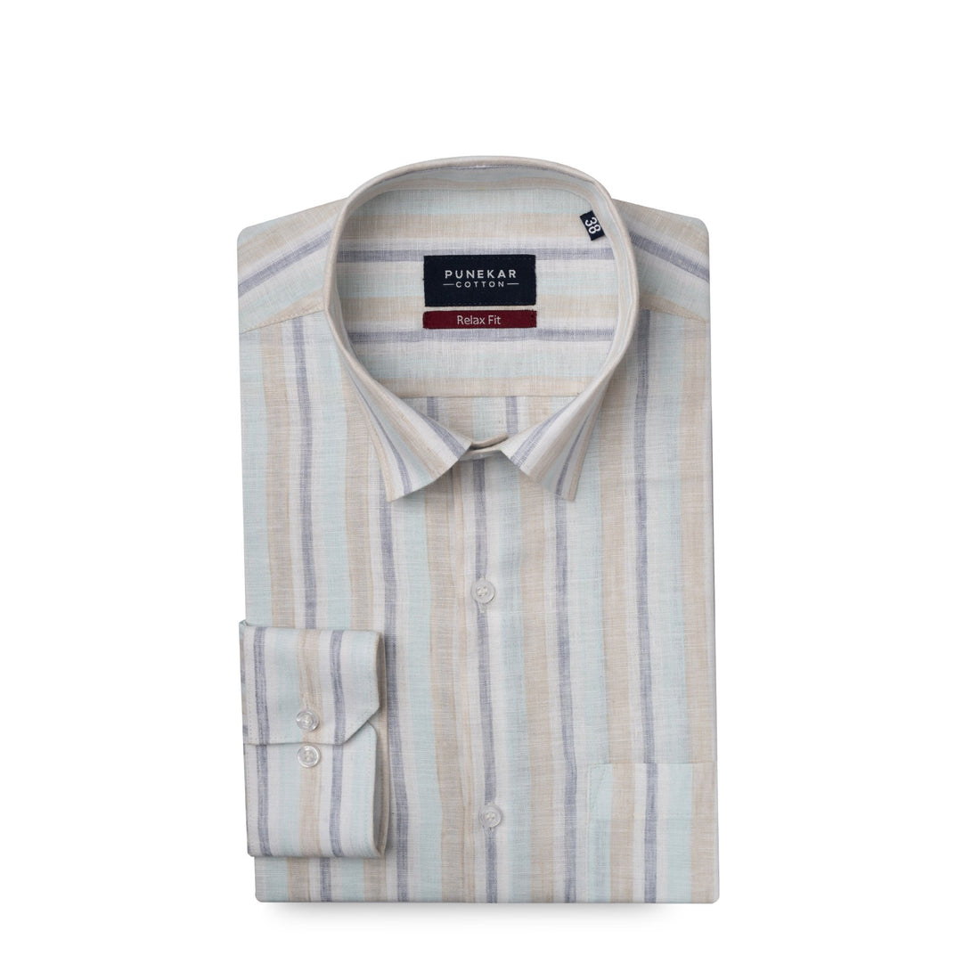 Beige & Blue Colour Vertical Cotton Blend Striped Shirt For Men - Punekar Cotton