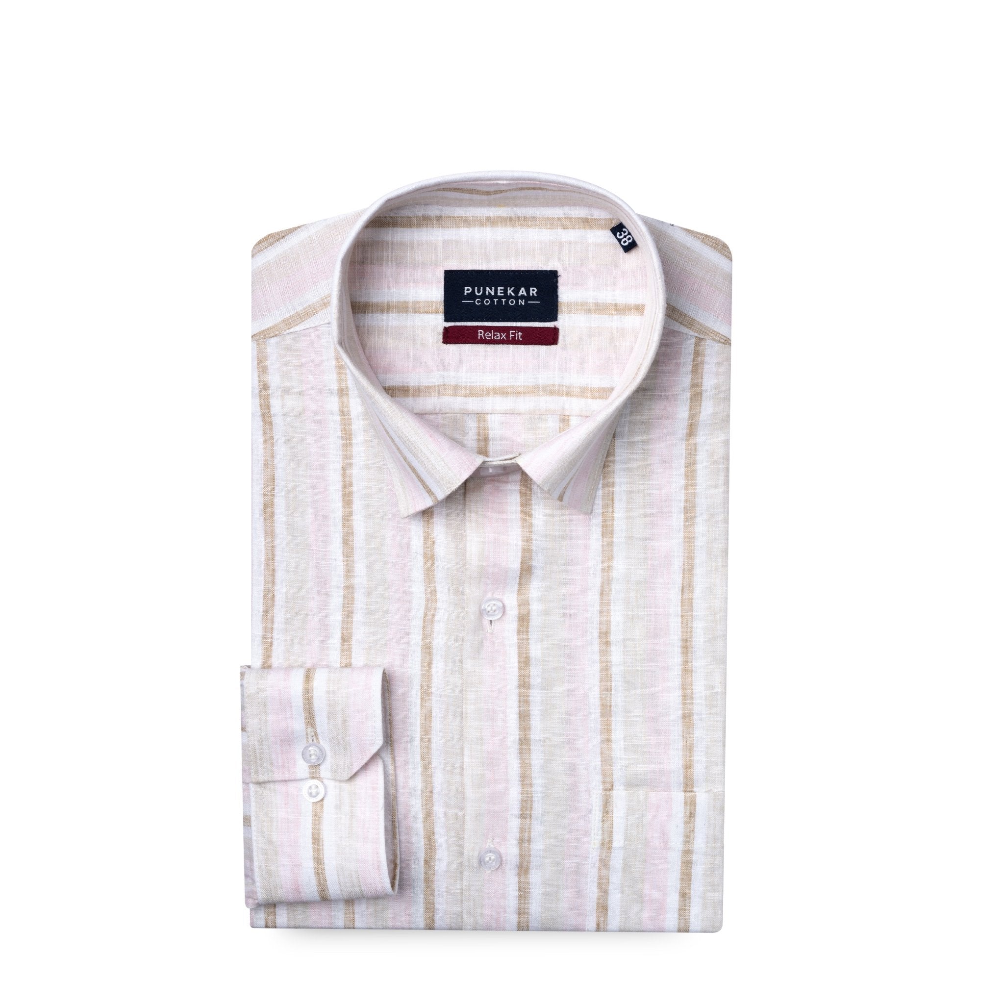Beige &amp; Pink Colour Vertical Cotton Blend Striped Shirt For Men - Punekar Cotton
