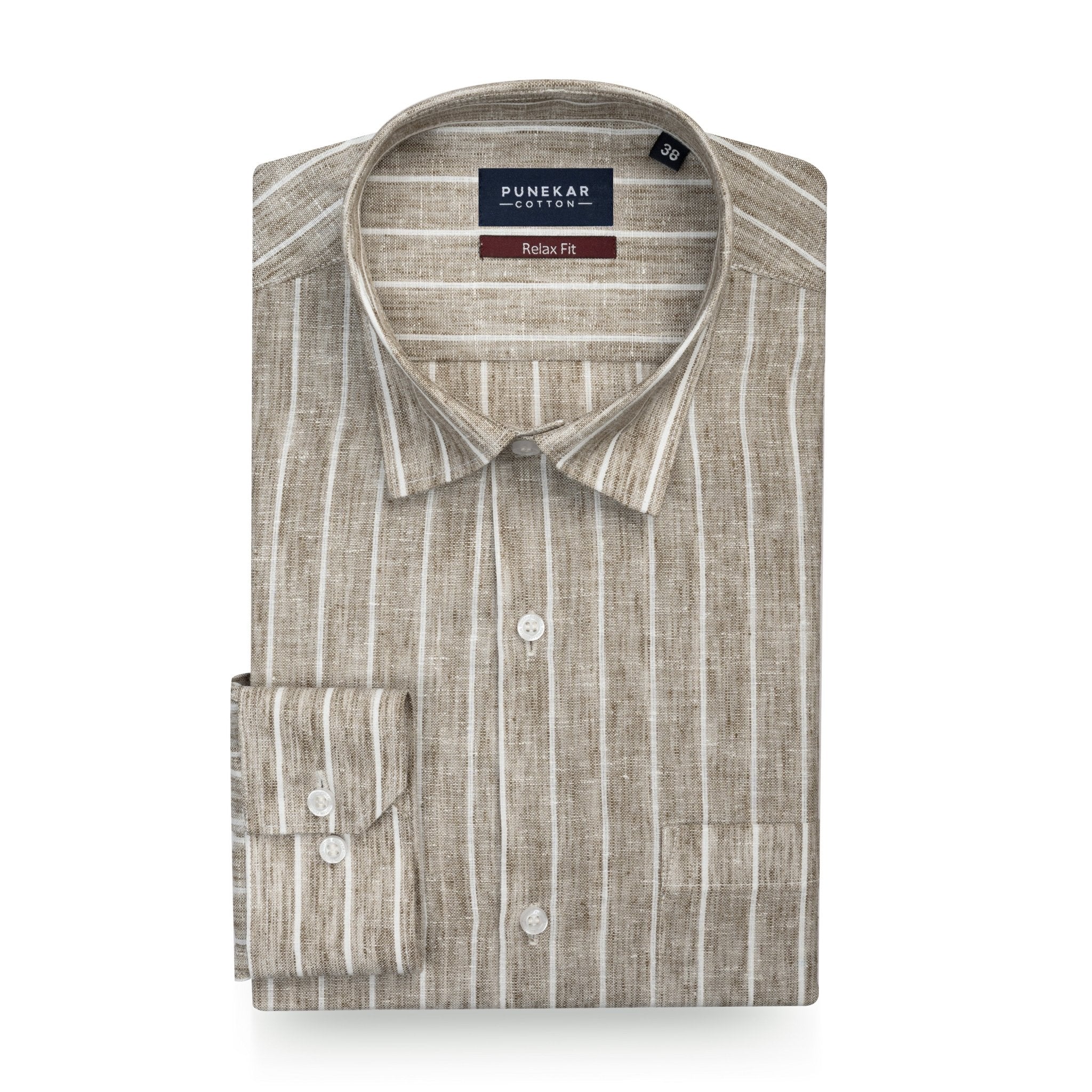 Beige Striped Blend Cotton Shirt for Men - Punekar Cotton