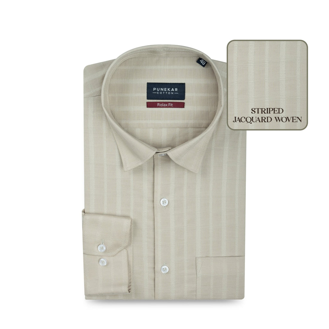 Beige Vertical Stripe Textured Jacquard Shirt for Men - Punekar Cotton