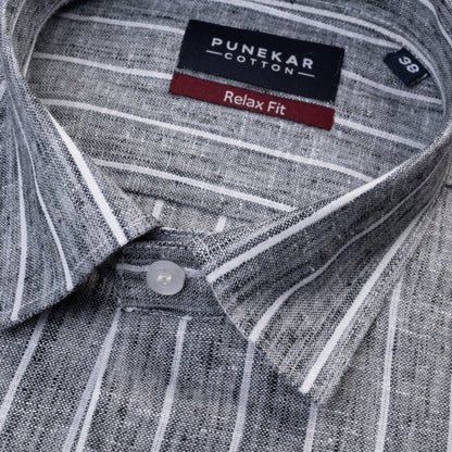 Charcoal Grey Striped Blend Cotton Shirt for Men - Punekar Cotton