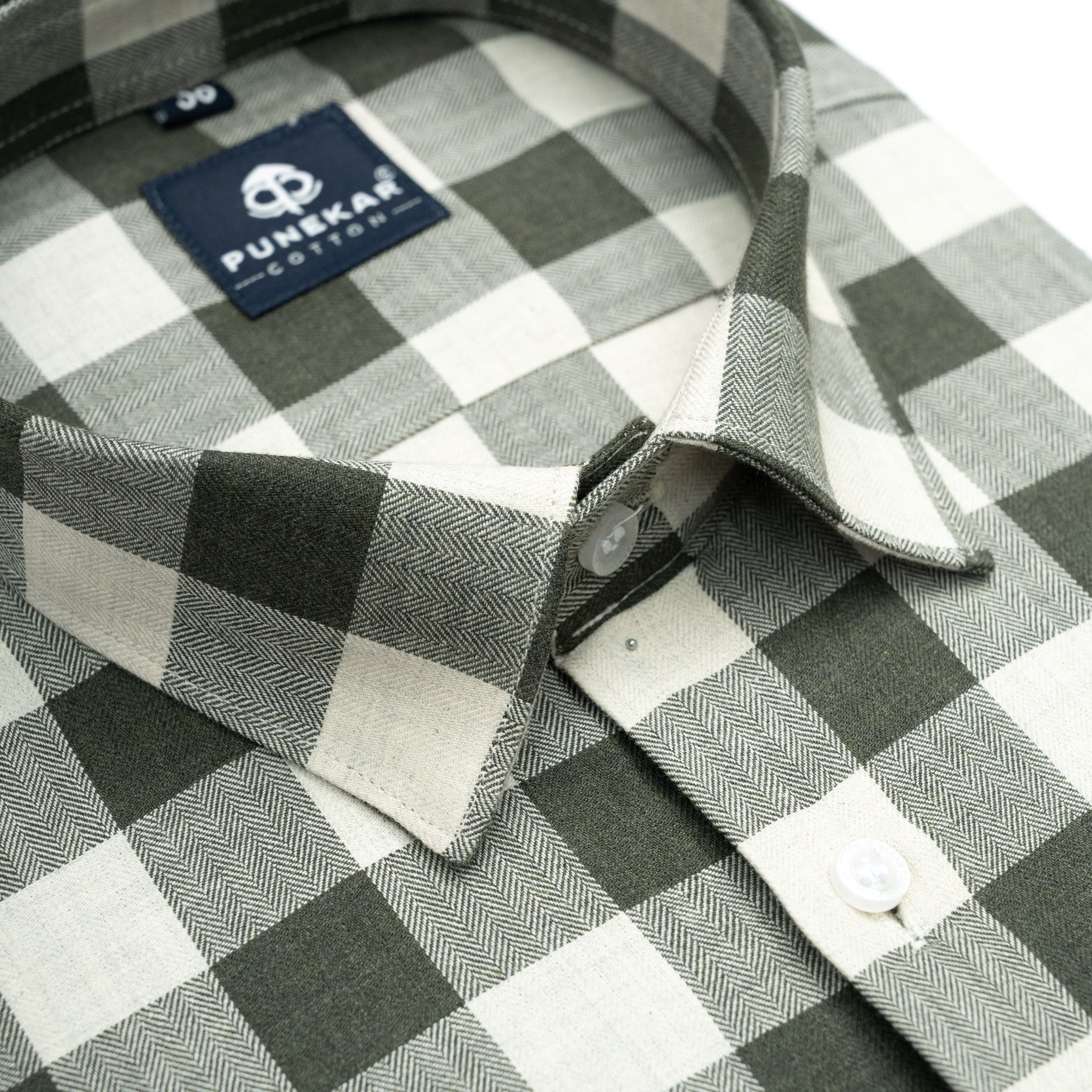 Olive Green Heritage Herringbone Checks Cotton Shirt for Men