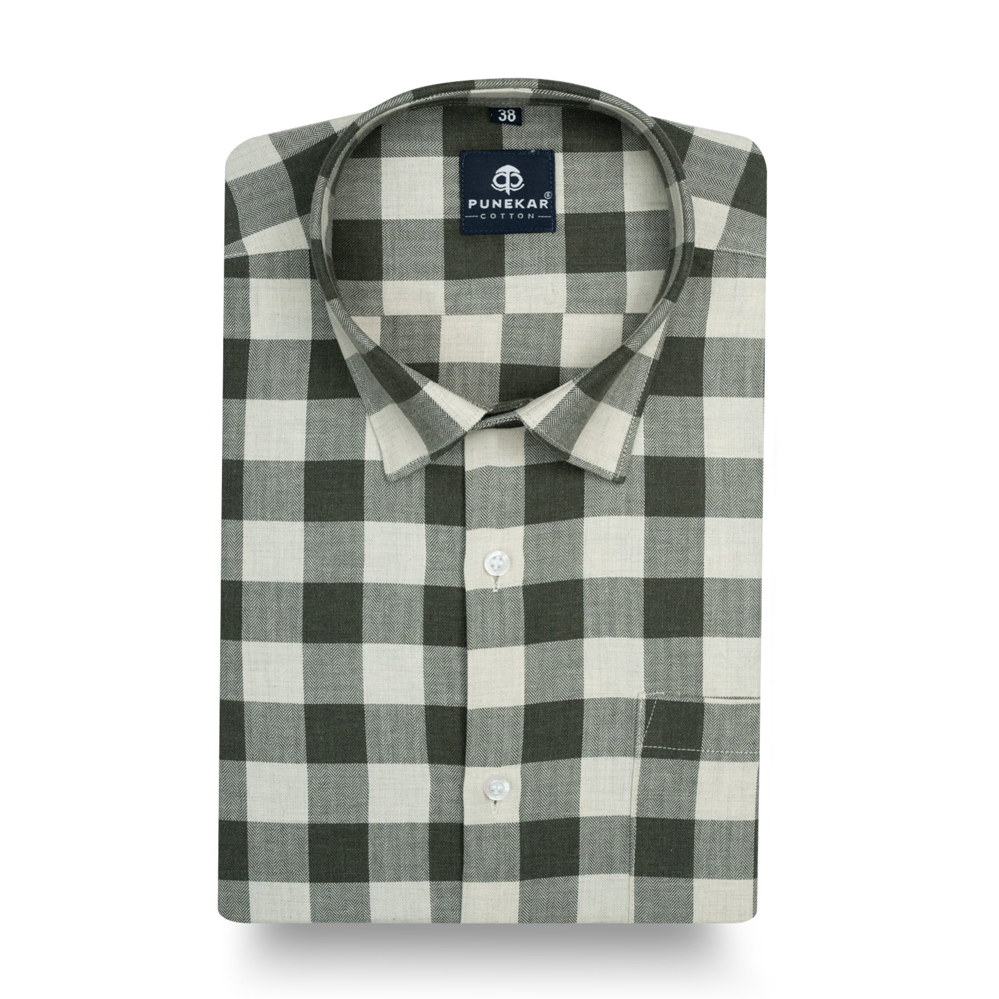 Olive Green Heritage Herringbone Checks Cotton Shirt for Men