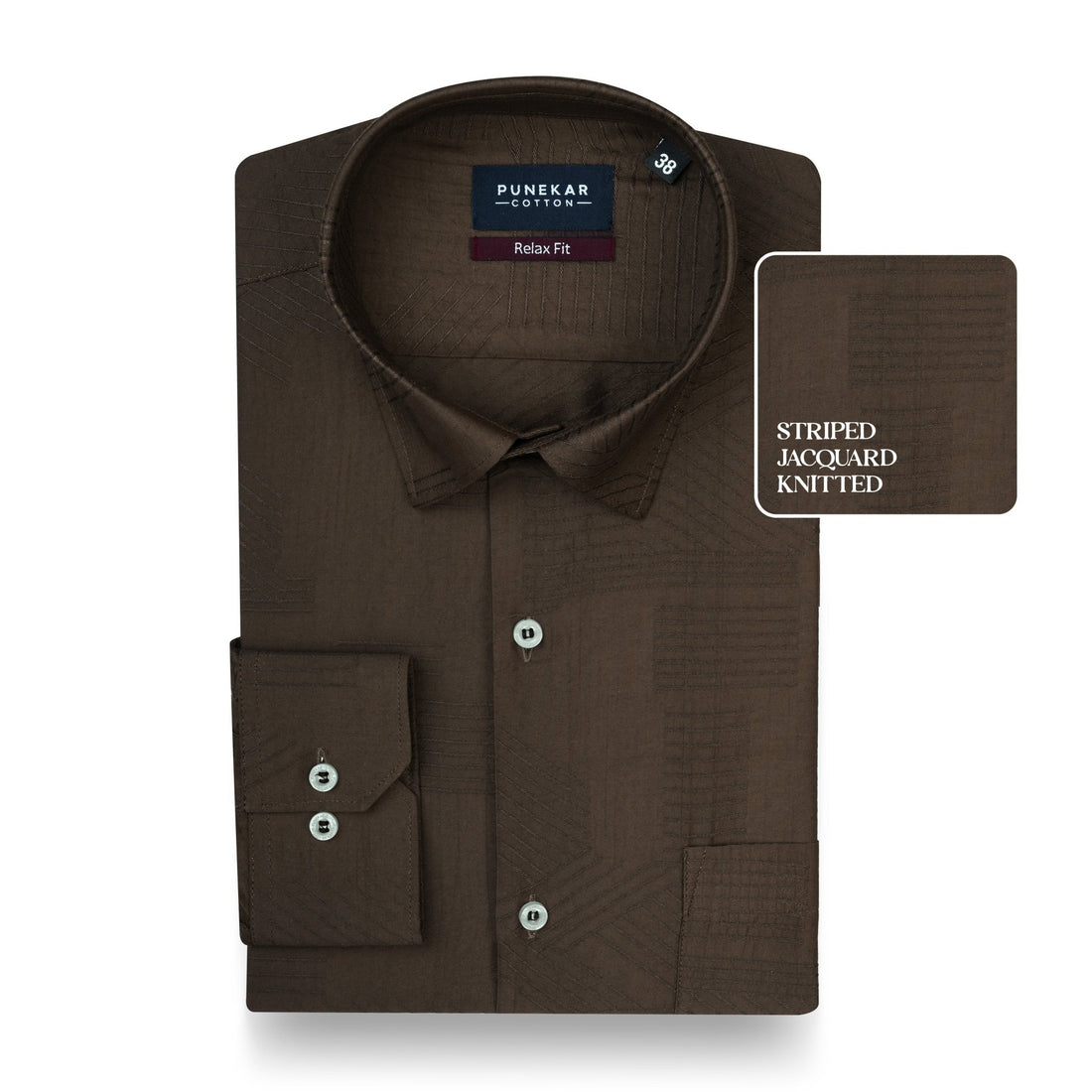 Dark Brown Colour Textured Stripe Jacquard Shirt for Men - Punekar Cotton