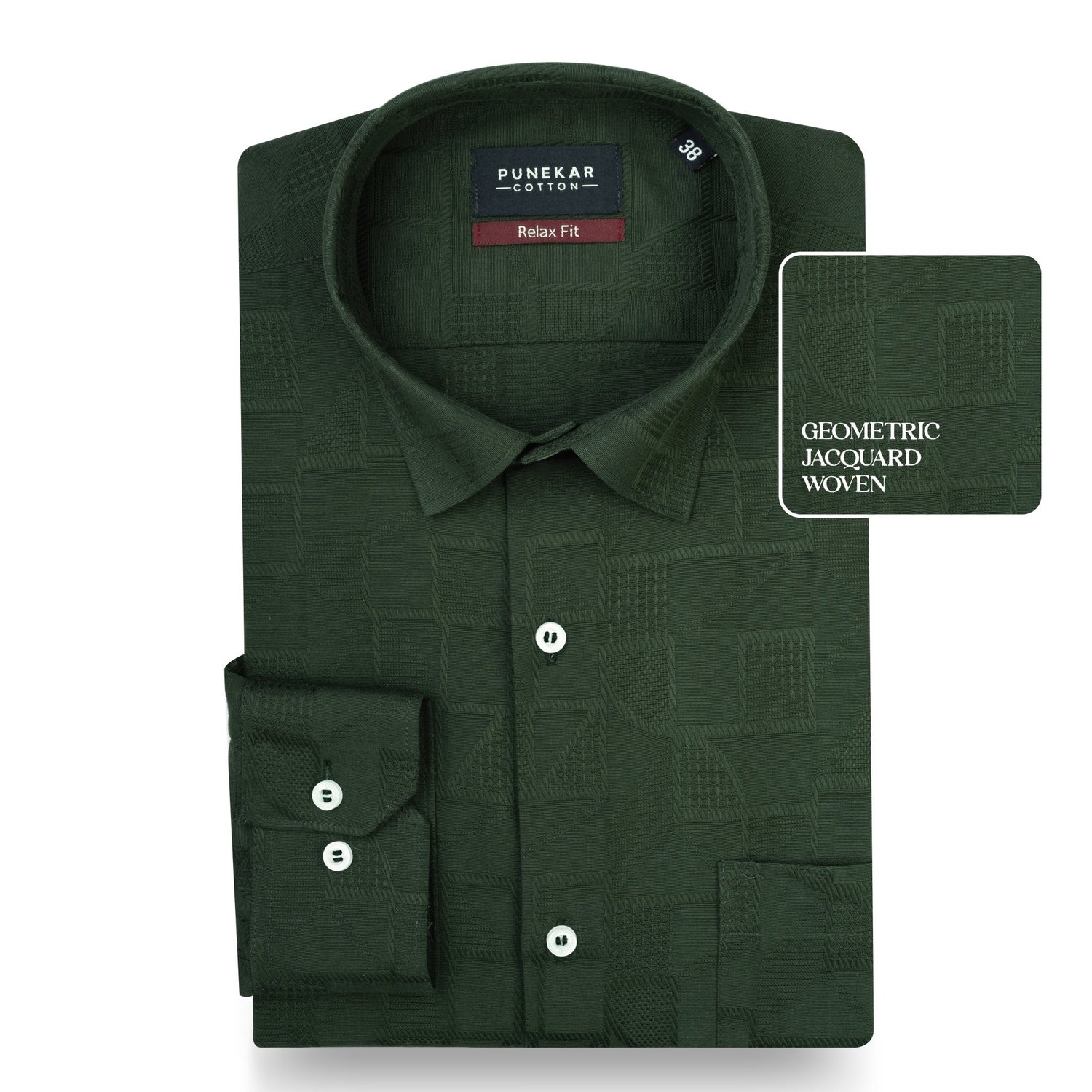 Dark Green Colour Geometric Jacquard Texture Shirt for Men - Punekar Cotton