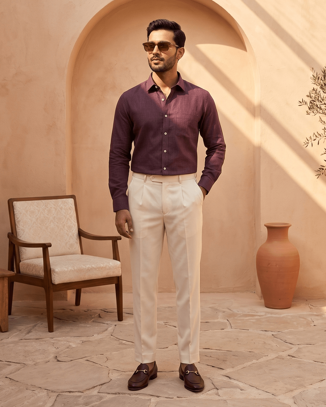 Dark Wine Color 80s Lino Lyocell Shirt For Men - Punekar Cotton