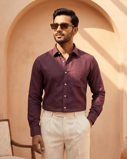 Dark Wine Color 80s Lino Lyocell Shirt For Men - Punekar Cotton