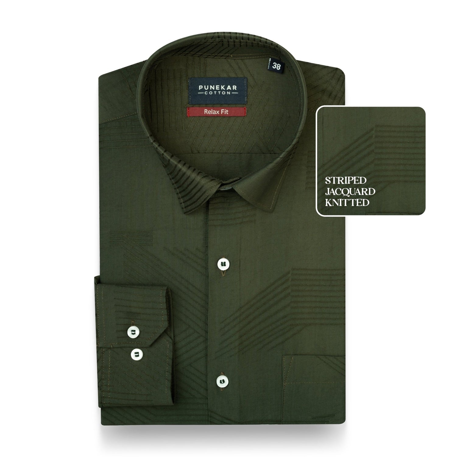 Deep Green Colour Textured Stripe Jacquard Shirt for Men - Punekar Cotton