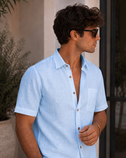 Light Blue Color Linen Formal Half Sleeves Shirt For Men - Punekar Cotton