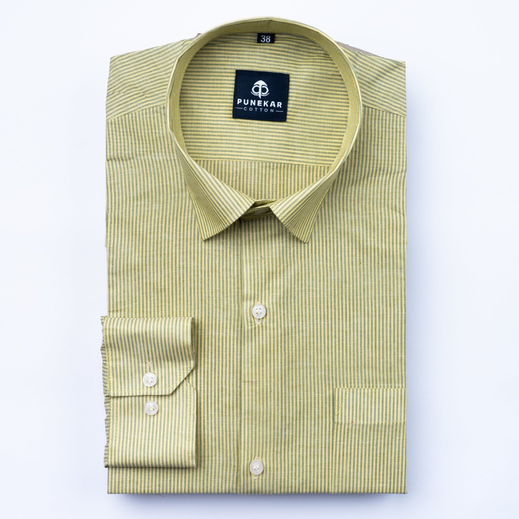 Light Yellow Color Lining Paper Cotton Shirts For Men - Punekar Cotton