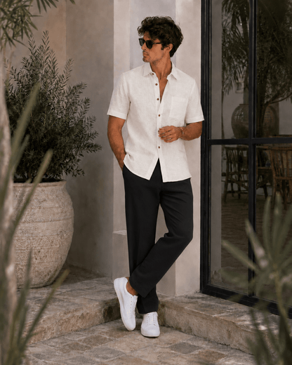 Milky White Color Linen Formal Half Sleeves Shirt For Men - Punekar Cotton