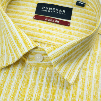 Mustard Yellow &amp; White Striped Blend Cotton Shirt for Men - Punekar Cotton