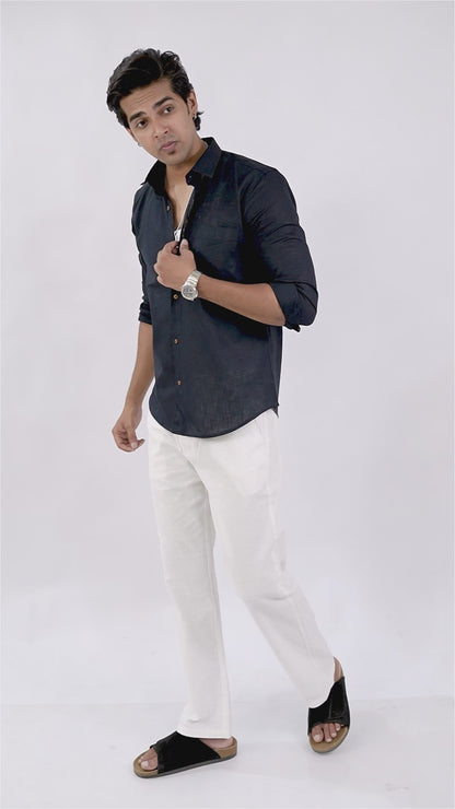 White Everyday Cotton Linen Straight-Fit Pants for Men