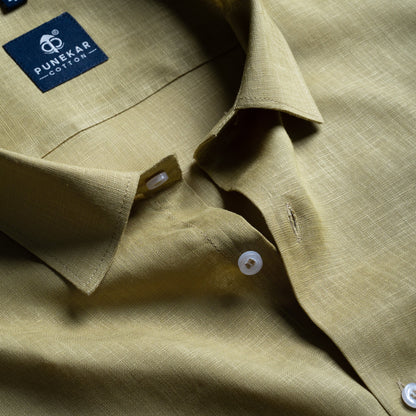 Sand Khaki Color 80s Lino Lyocell Shirt For Men - Punekar Cotton