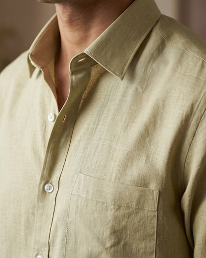 Sand Khaki Color 80s Lino Lyocell Shirt For Men - Punekar Cotton