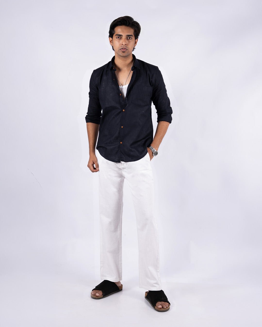 White Everyday Cotton Linen Straight-Fit Pants for Men - Punekar Cotton