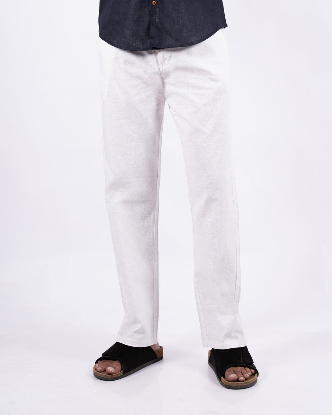 White Everyday Cotton Linen Straight-Fit Pants for Men - Punekar Cotton