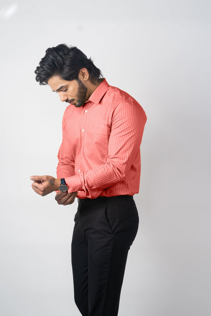 Brick Pink Color vertical Cotton stripe Shirt For Men - Punekar Cotton