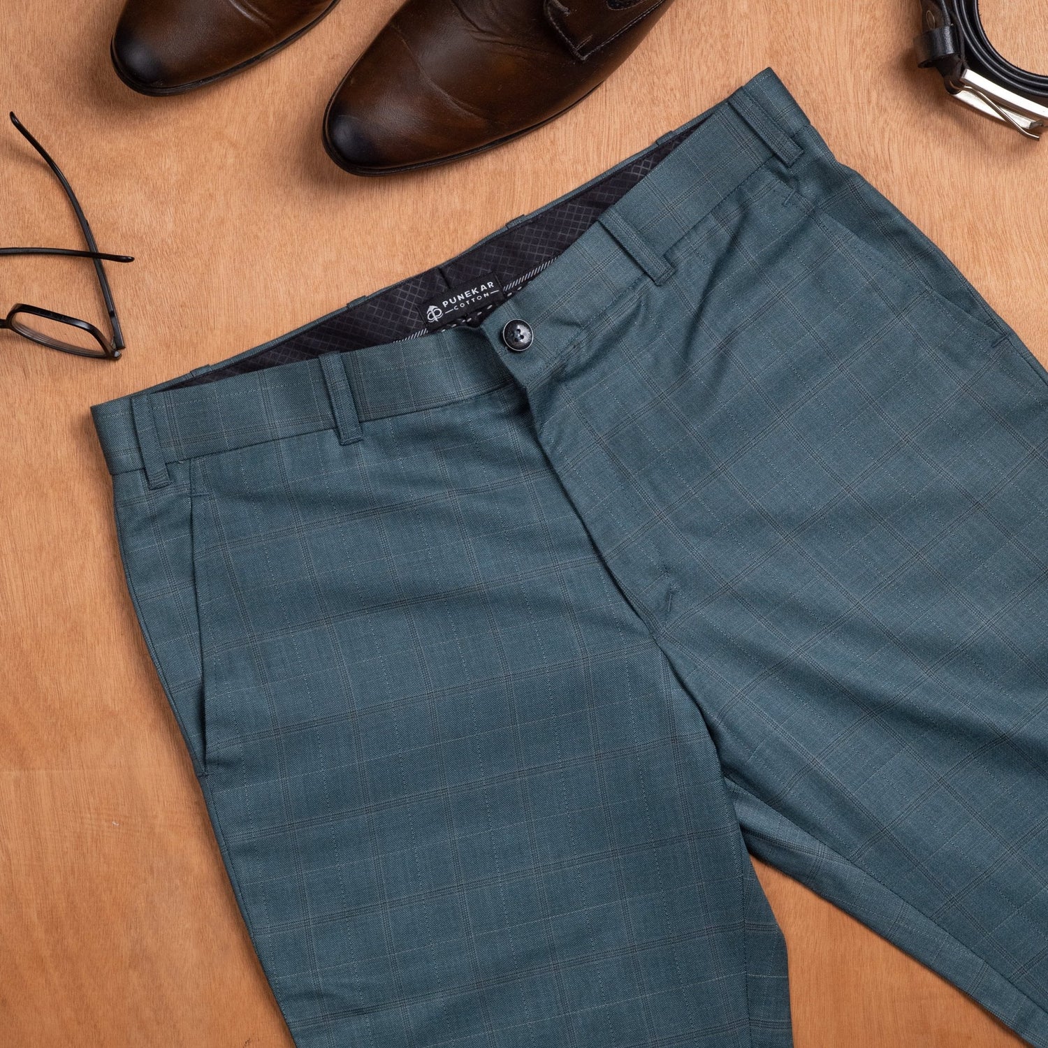 Forest Green color check blend cotton trousers pant for men - Punekar Cotton
