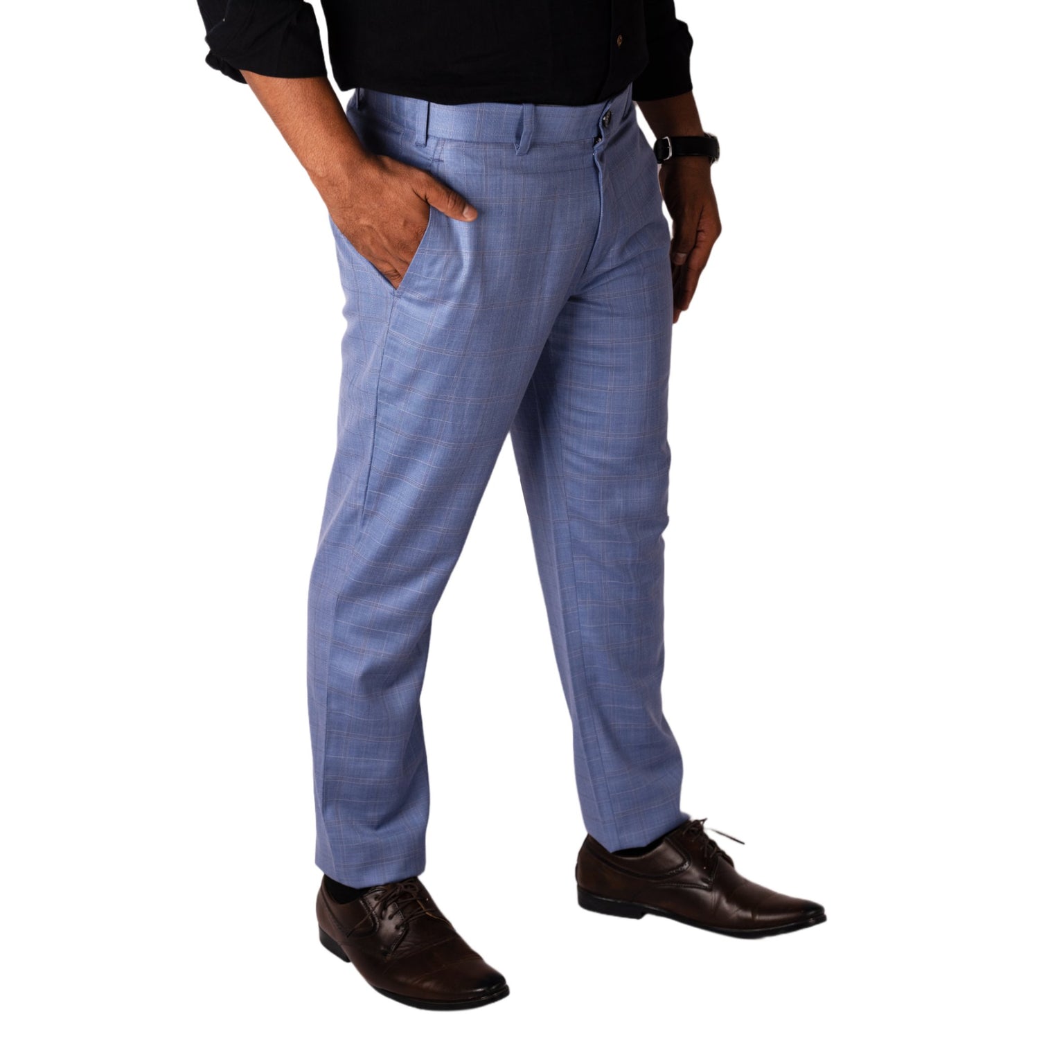 Light Blue color check blend cotton pant for men - Punekar Cotton