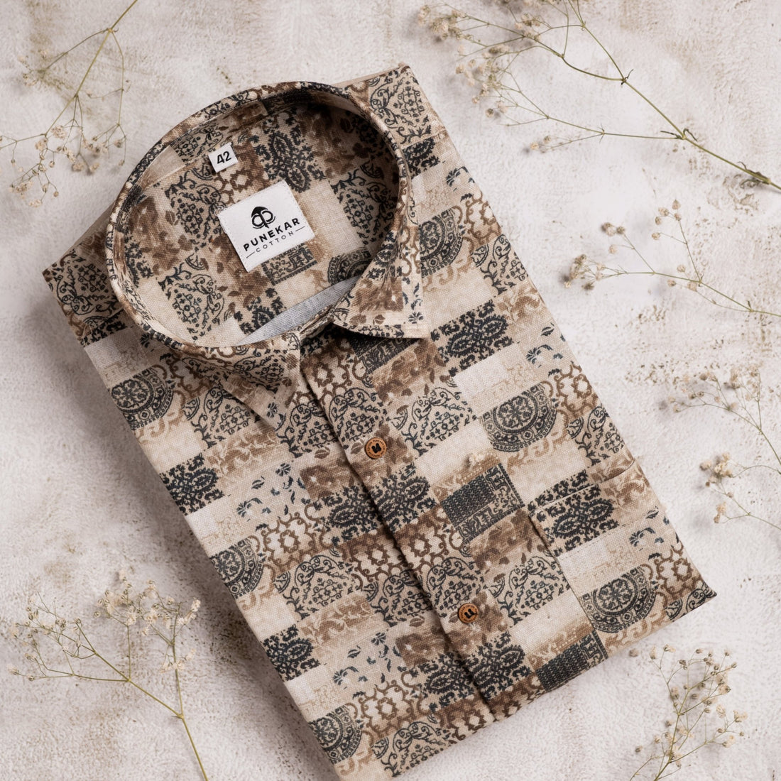 Light Brown Color Moroccan Printed Shirt For Men - Punekar Cotton