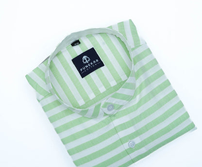 Light Green Color Stand Collar Strips Shirts For Men - Punekar Cotton