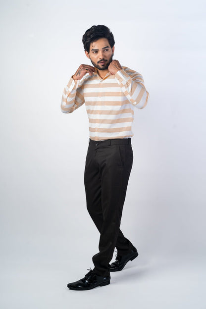 Light Tan Color Cotton Stripe Shirt For Men - Punekar Cotton