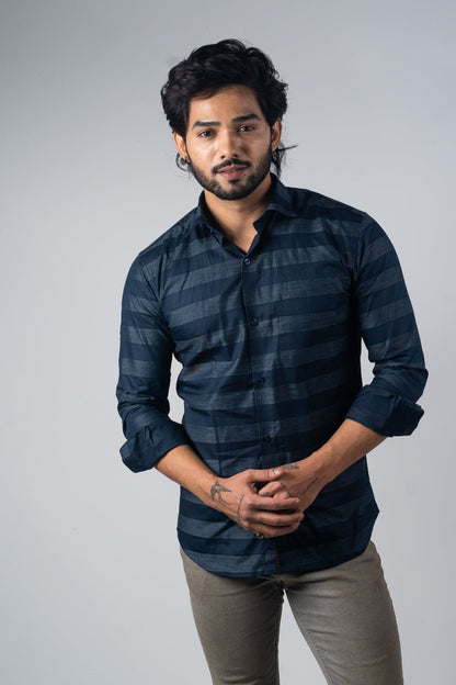 Navy Blue Color Cotton Stripe Shirt For Men - Punekar Cotton