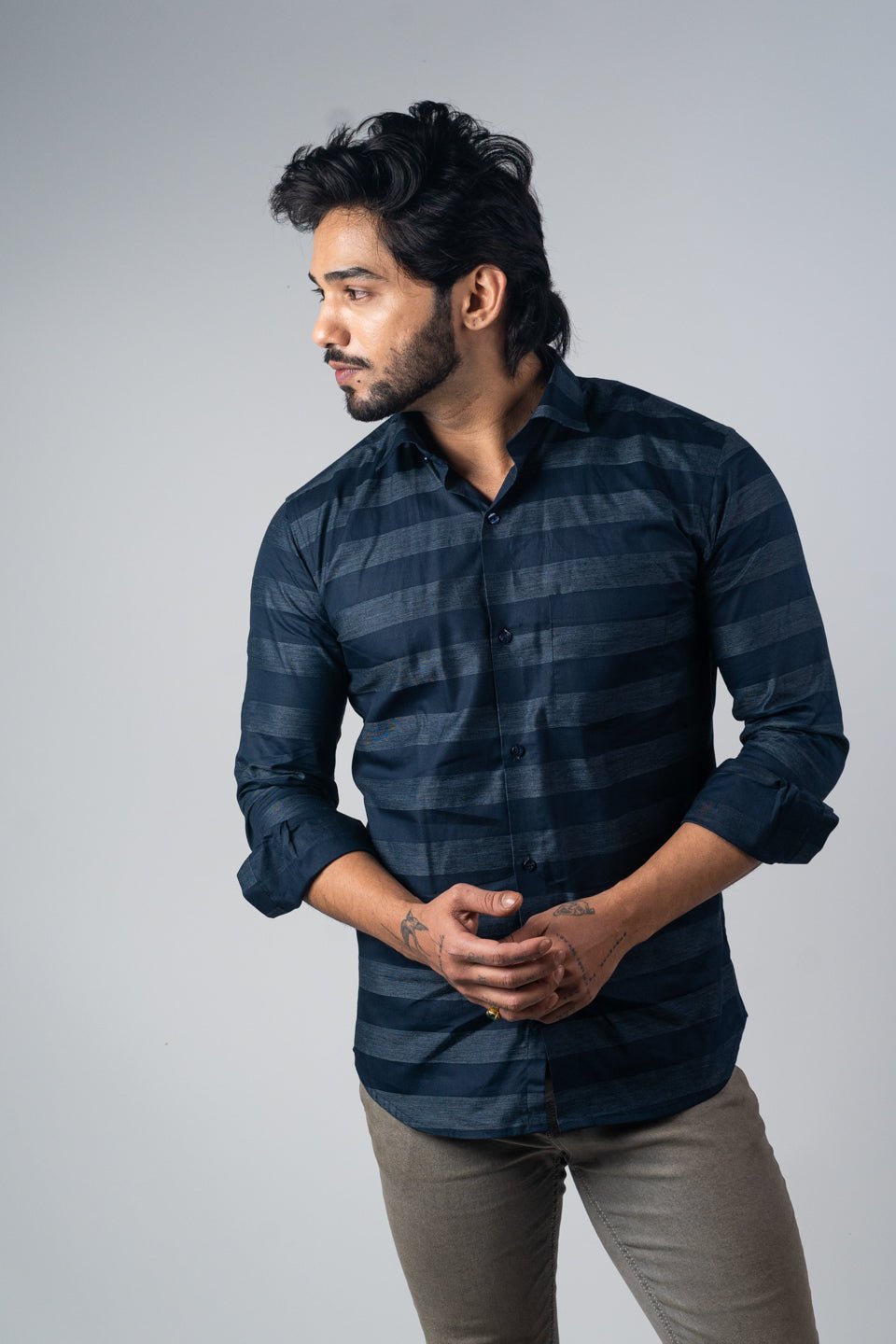 Navy Blue Color Cotton Stripe Shirt For Men - Punekar Cotton