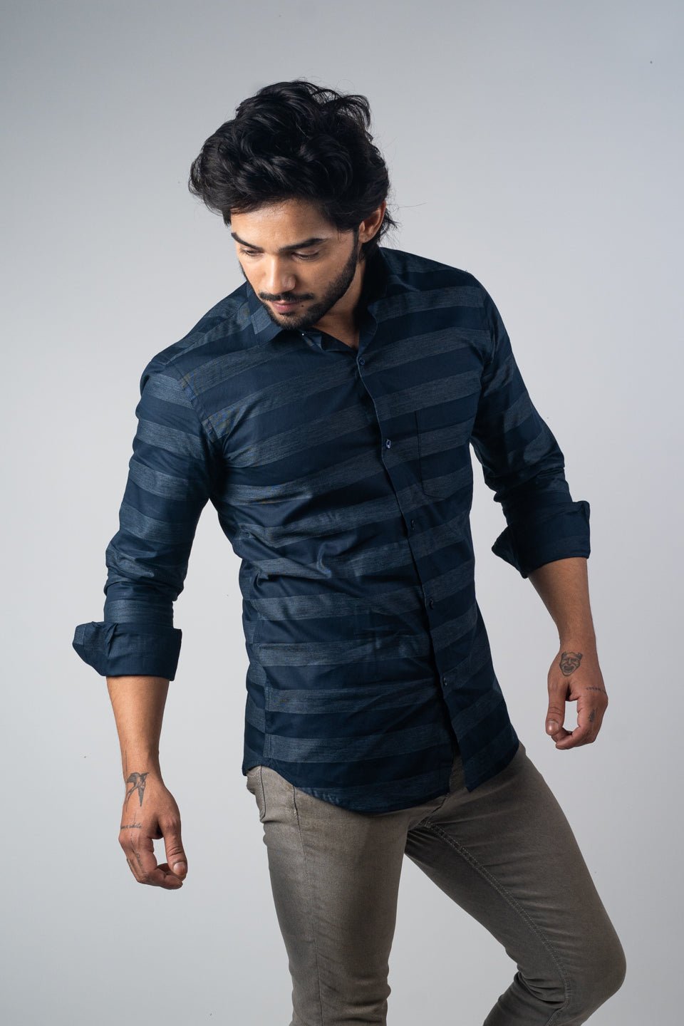 Navy Blue Color Cotton Stripe Shirt For Men - Punekar Cotton