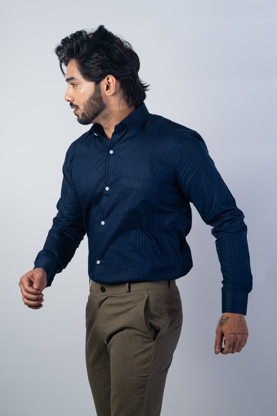 Navy Blue Color vertical Cotton stripe Shirt For Men - Punekar Cotton