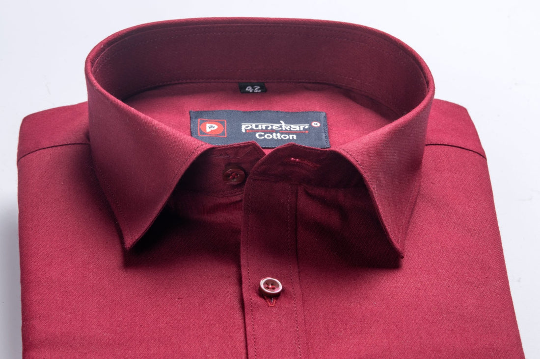 Punekar Cotton Cardinal Red Color 100% Mercerised Cotton Diagonally Woven Formal Shirt for Men&