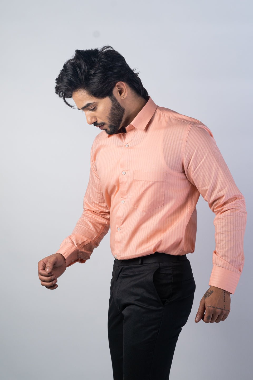 Salmon Orange Color vertical Cotton stripe Shirt For Men - Punekar Cotton