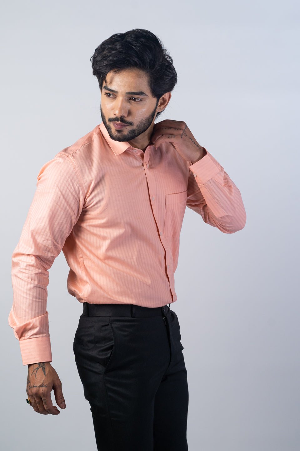 Salmon Orange Color vertical Cotton stripe Shirt For Men - Punekar Cotton