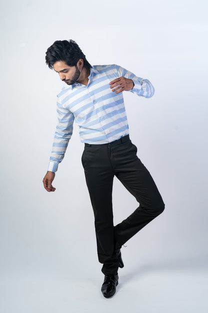 Sky Blue Color Cotton Stripe Shirt For Men - Punekar Cotton