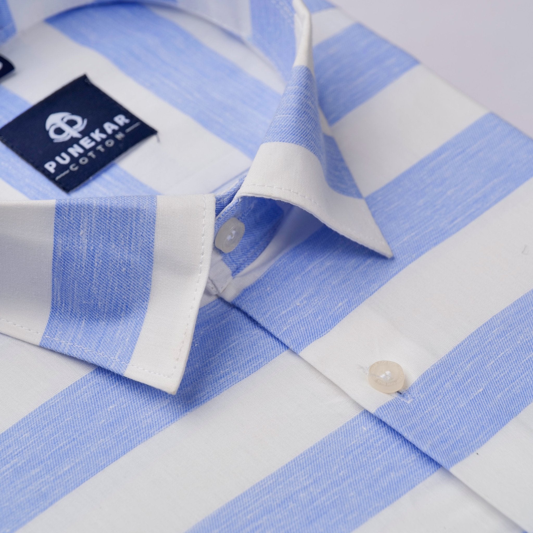 Sky Blue Color Cotton Stripe Shirt For Men - Punekar Cotton