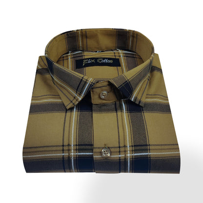 Tan Khaki Color Pure Cotton Casual Checked Shirt For Men - Punekar Cotton