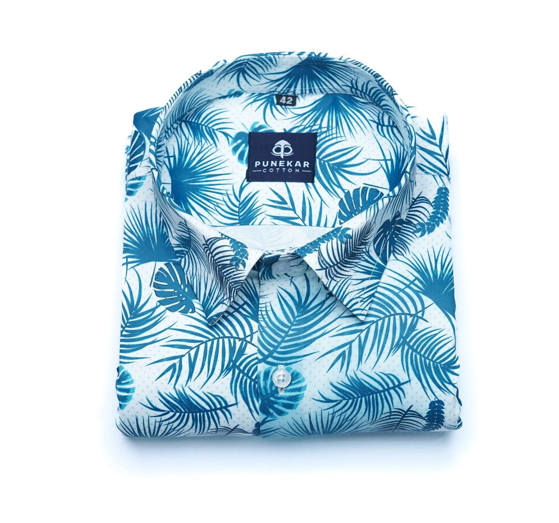 White Blue Color Leaf printed Shirt For Men - Punekar Cotton