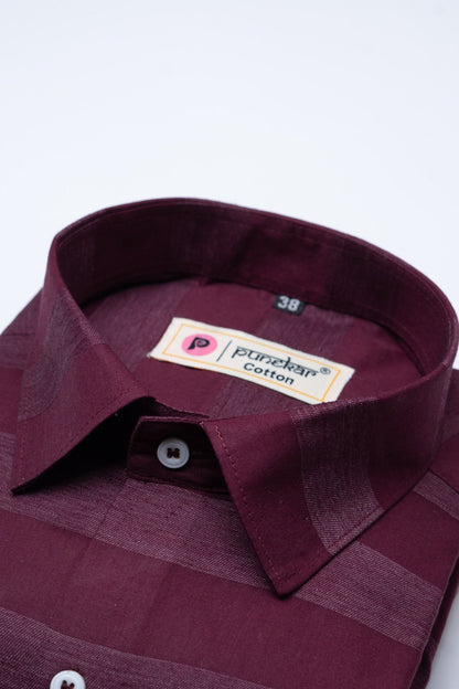 Wine Red Color Pure Cotton Stripe Shirt For Men - Punekar Cotton