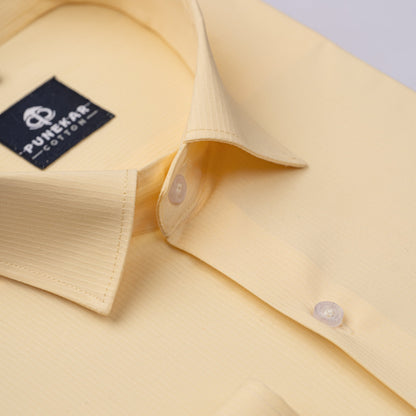 Yellow Color Lining Texture Lycra Cotton Shirt For Men - Punekar Cotton